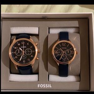 His and Hers Couples Fossil Leather Watch Set